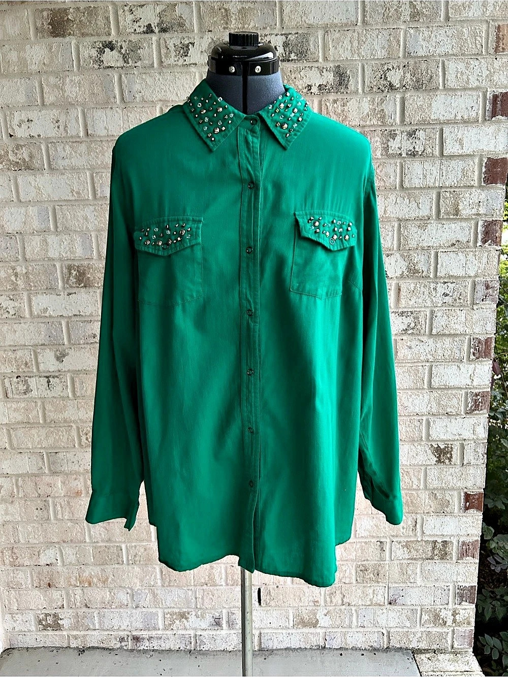 dressbarn Embellished Button Down Shirt in Green Size 2X